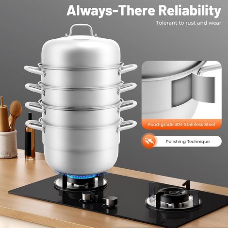 Cuiseur vapeur en acier inoxydable à 5 couches - 32 cm - Empilable - Avec couvercle en verre - Pour la cuisine - Convient à tous les types de cuisinières (1/5)