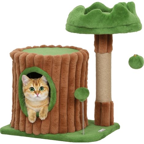 Tiragraffi per gatti, a forma di tronco, complemento d'arredo per la cuccia, marrone e verde, 40x30x53 cm (1/2)