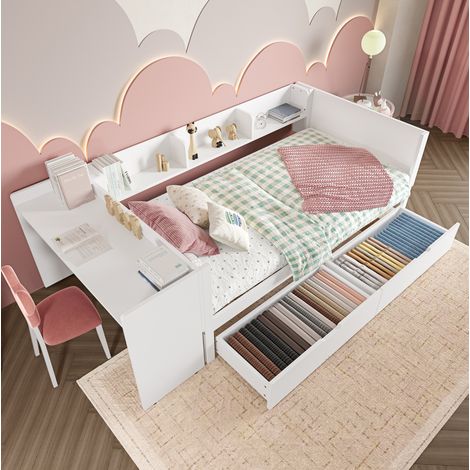 Bett 90x200 cm modern mit Schreibtisch, 2 Schubladen und 3 Regalen, Kiefer und Spanplatte, Weiß (1/5)