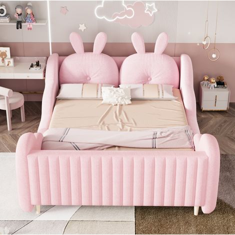 DESVIAE Lit double rembourré 140 x 200 cm en tissu teddy rose avec coussins amovibles en forme de lapin barrières latérales nuage sommier à lattes pour chambre enfant (1/5)