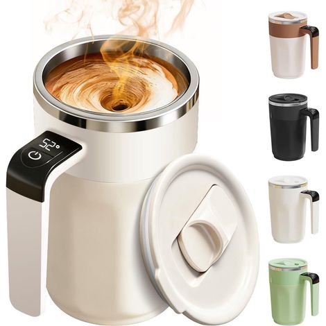 Agitateur à café automatique 400 ml avec affichage température, mug rechargeable multifonction à effet tourbillonnant avec couvercle, acier inoxydable, pour café lait et boissons - Blanc