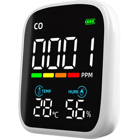 Wiederaufladbarer Kohlenmonoxidmelder, 3-in-1-tragbarer CO-Alarm, Kohlenmonoxid-, Temperatur- und Feuchtigkeitsanzeige, für Zuhause, Camping und Wohnwagen - Crezuo