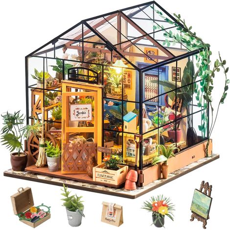 Maison Miniature DIY Serre Transparente LED, Kit Maison de Poupée avec 20 Plantes, Décor Étagère Adulte (1/5)
