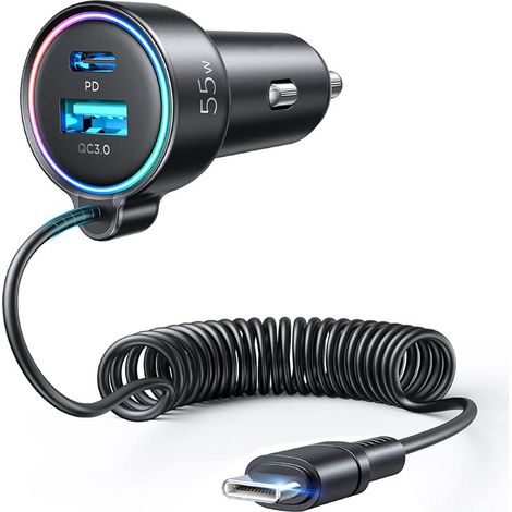 Adaptateur allume-cigare USB C, [DOUBLE PUCE] Chargeur de voiture rapide 55 W à 3 ports PD3.0 et QC3.0 avec [Garder la voiture propre] câble spiralé rapide Type C de 1,5 m, pour Samsung S22, S21, iPho (1/5)