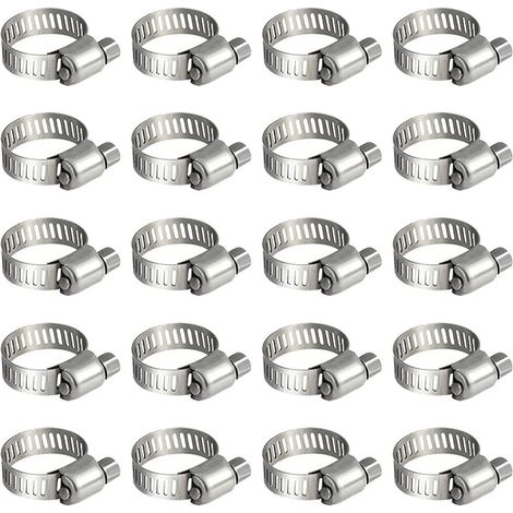 Packung mit 20 Edelstahl-Schlauchschellen für Kraftstoffleitungen. Geeignet für Kfz-Verrohrung, Schwimmbäder, Autos, Teiche und Gärten (6–12 mm).