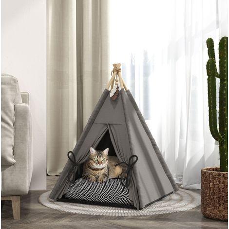 Tenda tipi per gatto 60 x 60 x 76 cm con cuscino sfoderabile e lavabile, grigio DESVIAE (1/5)
