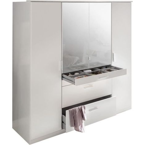 Les Tendances – Armoire de chambre blanche 4 portes battantes – 2 miroirs – 4 tiroirs – Dimensions 180 x 58 x 199 cm – Structure renforcée (1/5)