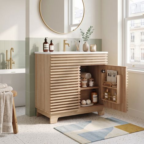 URBAN MEUBLE Meuble sous-vasque céramique effet bois à stries 3D double placard à portes soft-close (robinet non inclus) (1/5)