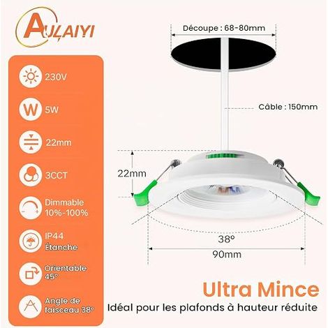 Spot LED Encastrable Dimmable 230V, 5W 500LM Spots de Plafond Orientable Blanc Chaud Blanc Neutre Blanc Froid Réglable, Extra Plat IP44 Spot Salle de Bain, Trou Ø68-80mm, Blanc (1/4)