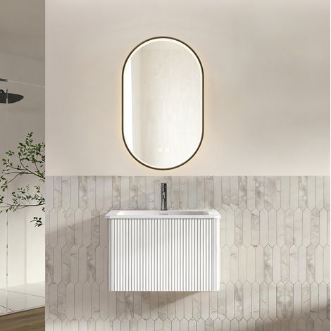 Mueble de baño suspendido 61x46,5x37 cm blanco con espejo LED antivaho – MEUBLIV (1/5)