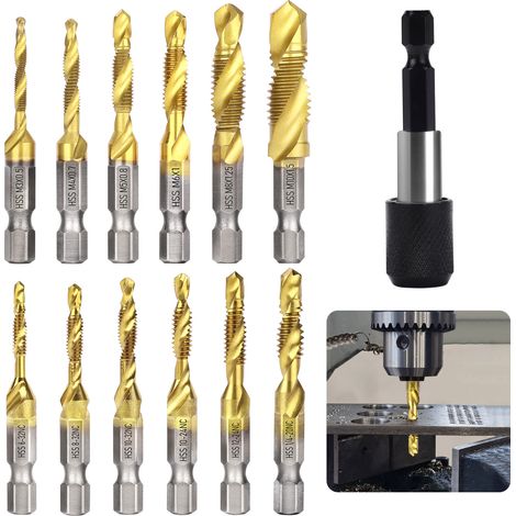 Set mit 12 SAE- und metrischen Kombinationsbohrern und -gewindebohrern mit Titanbeschichtung zum Bohren, Gewindeschneiden und Fräsen, mit Schnellwechseladapter
