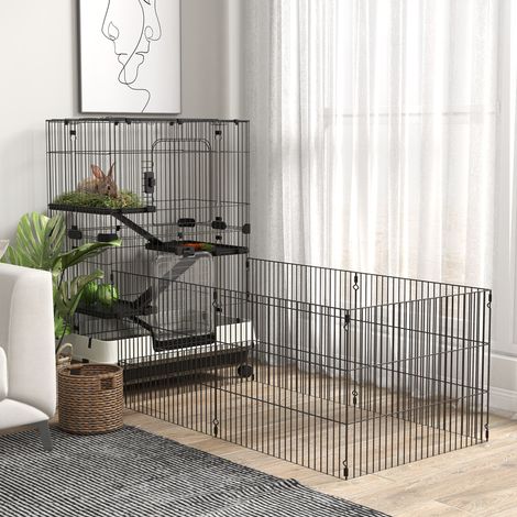 Gabbia per piccoli animali con ruote, dotata di 3 piattaforme rimovibili, 3 rampe, vassoio inferiore rimovibile, in metallo PP nero.