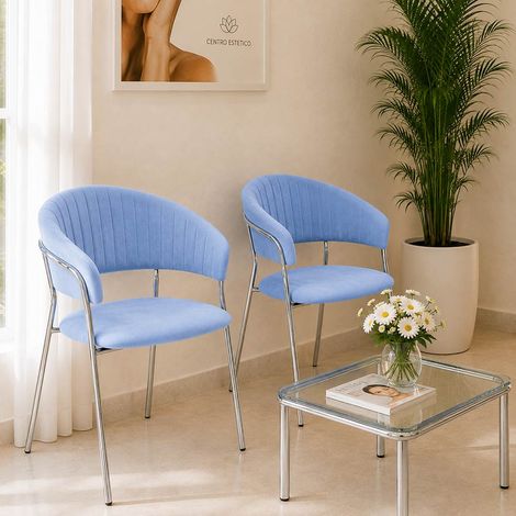 Lot de 2 chaises de salle à manger Aurelia en velours bleu ciel avec pieds en fer chromé (1/5)