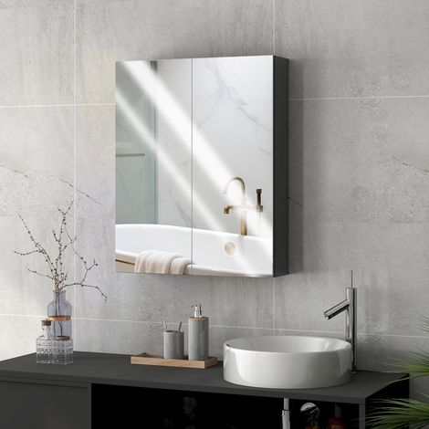 Noir - Armoire murale de salle de bain 2 portes avec miroir et 2 étagères intérieures, MDF avec fermeture douce, 60x15x75 cm