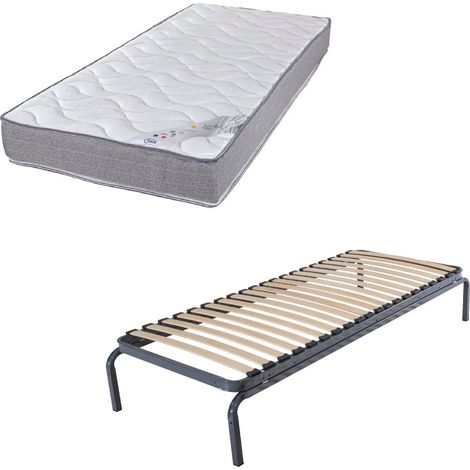 Lit métal + matelas Wave - 90x190 - Mousse - 20 lattes bois - Gain de place (1/5)