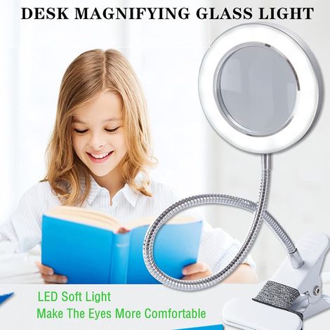 Lámpara de escritorio LED con lupa de 10 aumentos, 3 colores, 10 niveles de brillo, lupa de lectura flexible de 360°, lámpara de escritorio portátil con abrazadera iluminada, color plateado