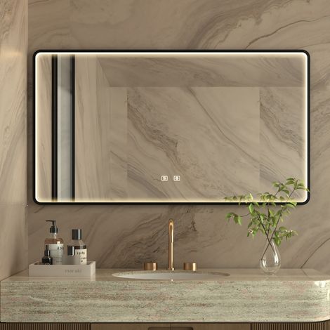 Miroir-Salle-de-Bain-avec-Eclairage 110×70cm,Anti-buée,3000K-6500K,Dimmable,Mémoire,Verre antidéflagrant HD,IP44,cadre noir,Miroir lumineux de salle de bain (1/5)