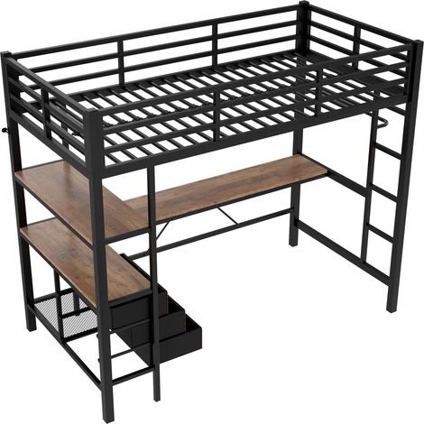 Cama alta 90x200 cm con escritorio LED 3 cajones estantes escalera y USB negra (1/5)
