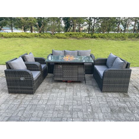 Fimous Dunkelgrau Gemischt Rattan Outdoor Gartenmöbel Gas Feuerstelle Brenner Tisch Sets Lounge Love Sofa Liegestühle 7 Sitzer (1/4)