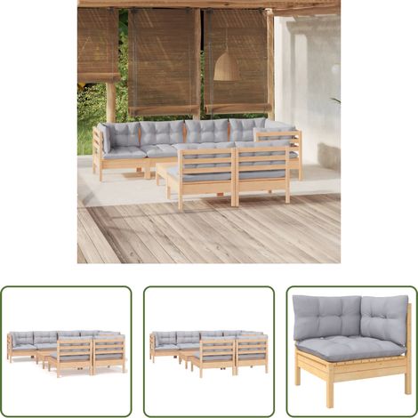 Terrassensofa - 8-tlg. Garten-Lounge-Set mit Grauen Kissen Kiefer Massivholz (1/5)