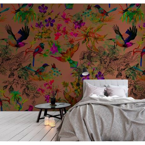 Papier peint panoramique élégant idéal pour chambre | Tapisserie panoramique original motif oiseau | Papier peint panoramique floral pour salon - 270 x 400 cm (4 pièces) (1/5)