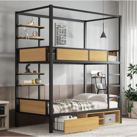 Letto a castello in metallo e MDF 90x200 cm con contenitore e doppio ripiano HAVRYA (1/5)