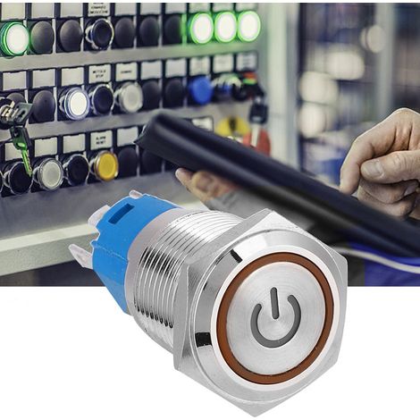 Gelber LED-Druckknopfring aus Metall mit flachem, rundem Kopf, selbstrückstellend und mit Betriebssymbol, 16 mm, 12 V (1/5)