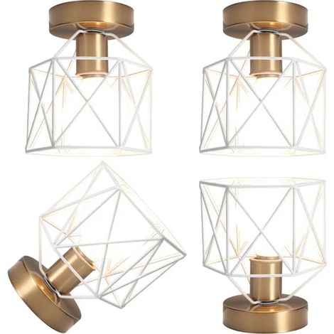 4x Rétro Plafonnier en Cage,E27 Luminaire Plafonnier Industriel Abat-jour Design Cage Lampe de Plafond Style Vintage,Blanc Or (1/5)
