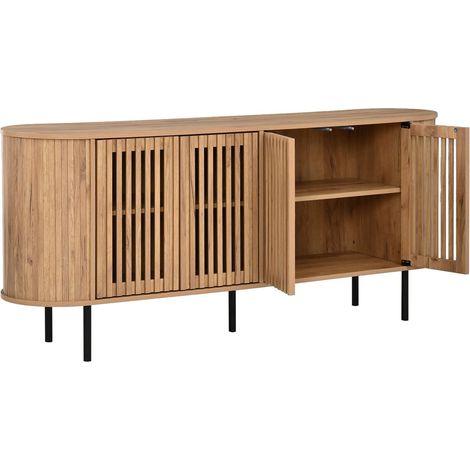 Buffet 160 x 40 x 70 cm 4 portes coulissantes perforées étagères réglables pieds métal stables structure mdf aspect bois naturel (1/5)