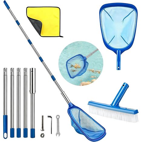 pool skimmer net with telescopic rod, fine mesh net with pool brush, soil landing net, leaf landing net, pool cleaning kit for pool, spa, pond, hot tub (1/5)