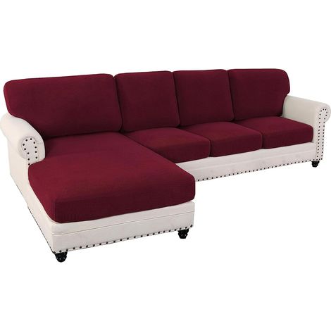Sofa Seat Cushion Cover, Elastic Cushion Cover, Fits All Sofas (3 Seater + Chaise, Wine Red) (1/5)