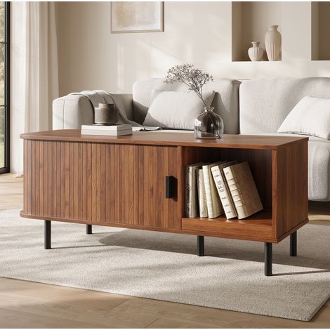 Table basse moderne avec porte coulissante, rangement ouvert, plateau généreux et pieds métal, style lamelles, pour salon - CHICFURN (1/5)