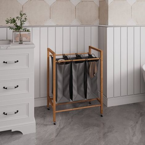 Panier à linge en bambou, organisateur de vêtements, panier à linge, article ménager à trois compartiments avec sac à linge, portable, 62 x 40 x 83 cm, pour la buanderie (1/5)