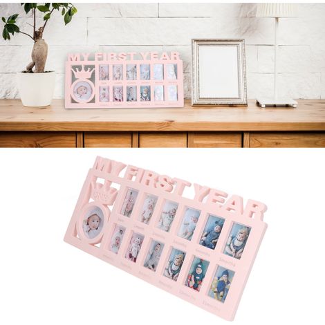 Cadre photo nouveau-né robuste et poli avec 12 mini cadres pour chronologie mensuelle du bébé en plastique 39x18.5cm rose (1/5)
