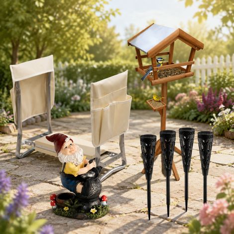 Solar-Garten-Set für die Tierwelt (3-teilig) – Solartaschenlampe, klappbarer Hockhocker & Vogelhäuschen aus Fichtenholz (1/5)