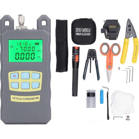Kit d'outils pour fibre optique FTTH comprenant un connecteur, un wattmètre optique, une pince à dénuder et une pince Miller. (1/4)