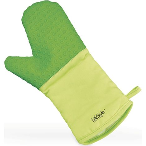 Manopla guante de cocina 35x20cm fabricado en silicona y material textil color amarillo y verde
