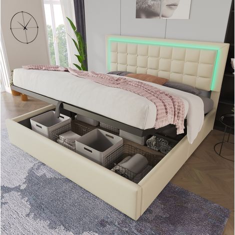 REDOM - Lit coffre 180x200 cm avec LED et rangement hydraulique, PU blanc (Sans matelas) (1/5)