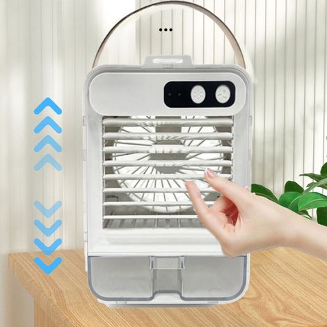 Ventilateur/Climatiseur Portable 3 Vitesses avec Fonction Humidification, Miroir Cosmétique et Support Smartphone pour Bureau/Domicile - Blanc (1/5)