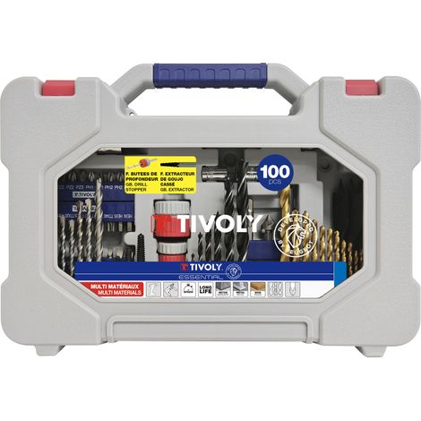 Tivoly • Coffret Forets + Embouts + Extracteurs - Mallette 100 Pièces : 14 Forets Métaux, 8 Forets Bois et 4 Mèches Bois, 7 Forets Béton, 4 Extracteurs, 50 Embouts de Vissage et Autres Accessoires