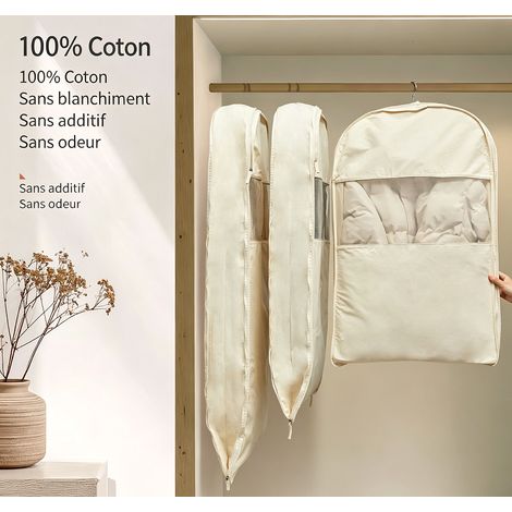 Housse anti‑poussière pour vêtements en coton pur style wabi‑sabi japonais housse de rangement double couche pour costumes suspendue armoire chambre 58 x 104 cm (1/3)