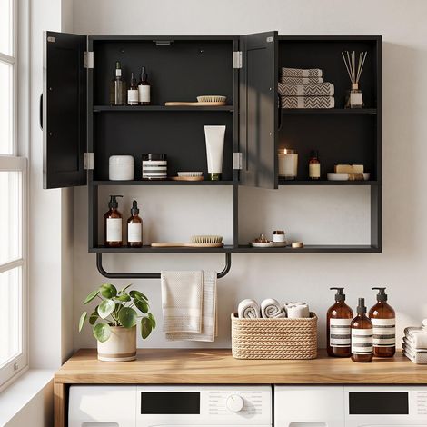 2 Portes 4 Niches Meuble Mural Salle de Bain Armoire Suspendue avec Porte-Serviette Étagères Réglables Noir (1/5)