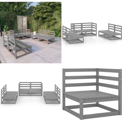 6-tlg. Garten-Lounge-Set Grau Massivholz Kiefer - Gartenmöbel - Loungesessel - Gartenloungeset - Rattan Möbel - Holz Gartenmöbel - Home & Living (1/5)
