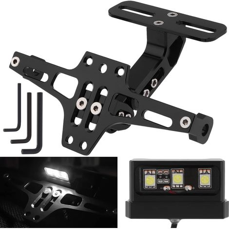 Support de plaque d'immatriculation de moto, kit d'élimination de garde-boue réglable universel, support de nettoyage de queue en aluminium avec lumière LED (Noir) (1/5)