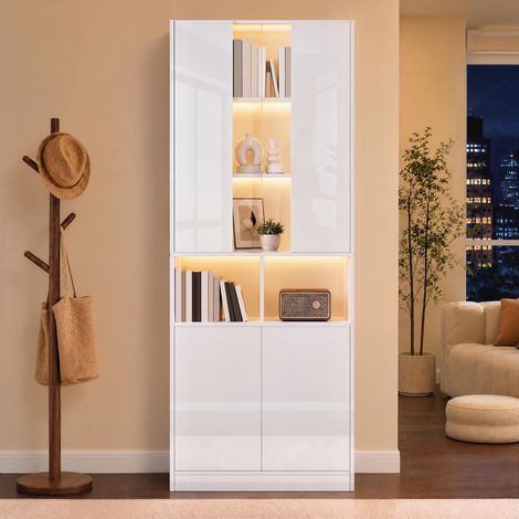 Meuble colonne de rangement, armoire haute 4 portes avec éclairage LED, fenêtre acrylique niche ouverte, moderne, salon chambre, 70x35x180 cm, blanc (1/5)
