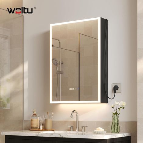 WOLTU – Armario de baño con espejo para montaje en pared – con aumento 3x, función antivaho, luz LED – Negro [Clase de eficiencia energética F] (1/5)