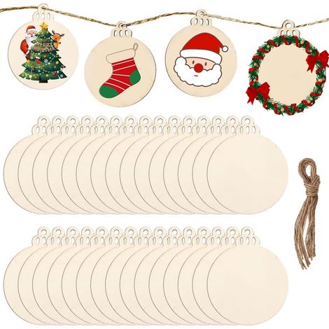 Lot de 50 Boules de Noël en Bois - Décoration de Sapin à Personnalisable DIY - Boules Naturelles avec Ficelle pour Loisirs Créatifs, Étiquettes Cadeaux et Décoration (1/5)