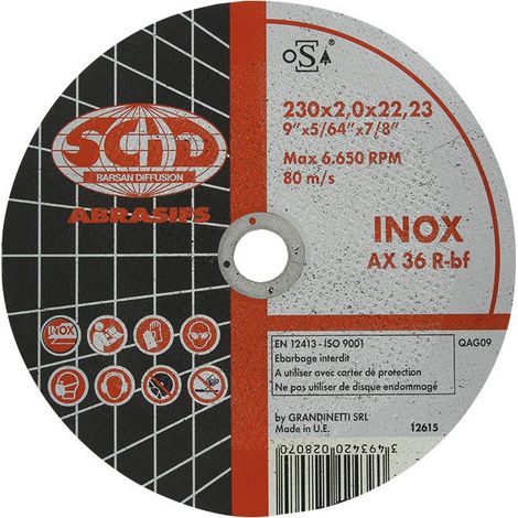 Disco de corte para acero inoxidable, núcleo plano, ø X esp (mm) 230 X 2