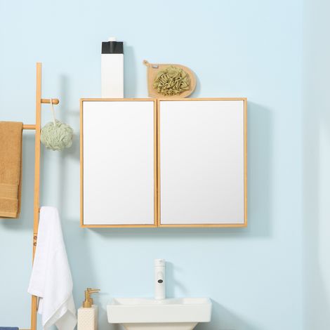 Badschrank mit Spiegeltüren, mehrere Innenfächer, robustes Gehäuse aus Bambusholz, 65,2 x 14 x 50 cm (1/5)