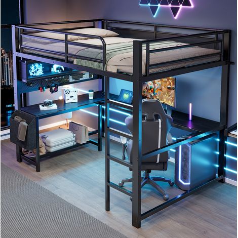 Cama alta gaming 140 x 200 cm con escritorio, LED, USB y almacenaje, negro (1/5)